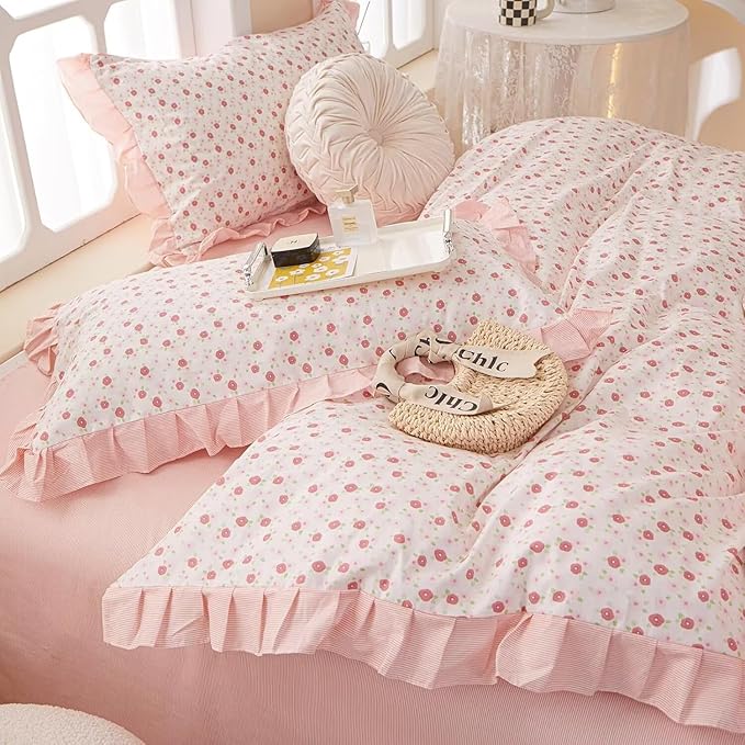 MKXI King Size Pink Floral Ruffle Comforter Set - 3 Piece Pastoral Ruffled Floral Comforter with Pillow Shams, Reversible Pink Flower & Striped Design, Soft Aesthetic Bedding Set for Teen Girls