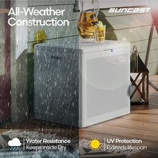 Suncast 22-Gal. Waterproof Resin Small Outdoor Patio Deck Box with Reeded Design, Modern Outdoor Patio Bench/Storage Box for Cushions, Garden Tools, and More, French Gray