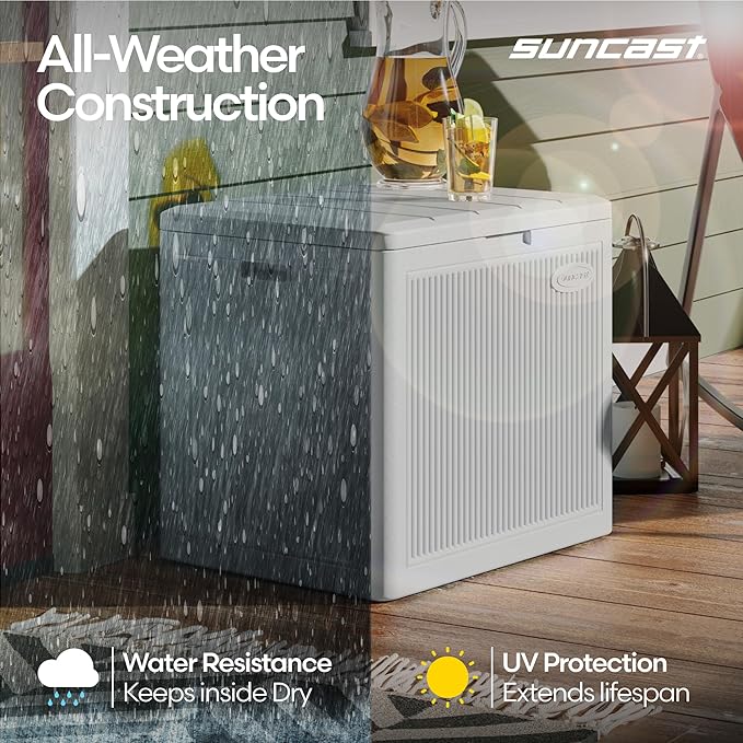 Suncast 22-Gal. Waterproof Resin Small Outdoor Patio Deck Box with Reeded Design, Modern Outdoor Patio Bench/Storage Box for Cushions, Garden Tools, and More, French Gray