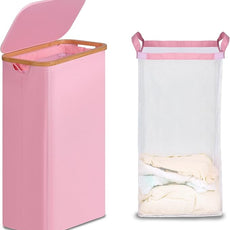 efluky Slim Laundry Basket with Lid, Narrow Laundry Hamper with Removable Bag, Skinny Dirty Clothes Basket with Bamboo Handles for Bathroom, Bedroom & Laundry Room, 75L Pink
