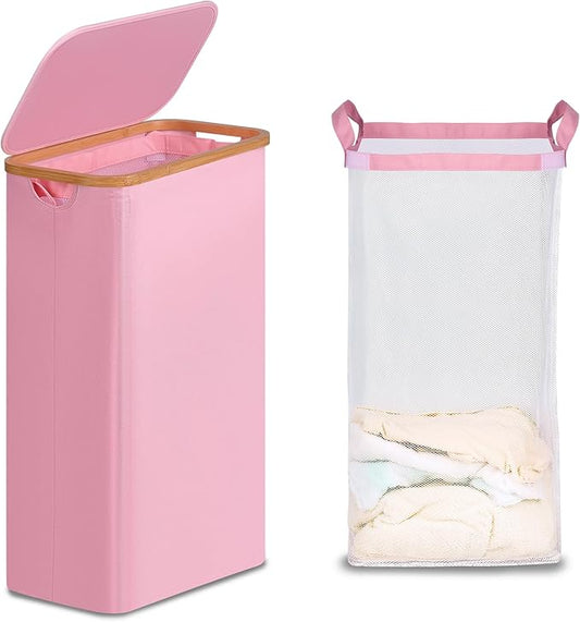 efluky Slim Laundry Basket with Lid, Narrow Laundry Hamper with Removable Bag, Skinny Dirty Clothes Basket with Bamboo Handles for Bathroom, Bedroom & Laundry Room, 75L Pink