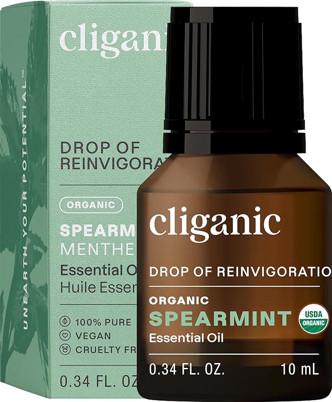 Cliganic USDA Organic Spearmint Essential Oil, 100% Pure Natural Undiluted, for Aromatherapy (10ml) | Non-GMO Verified (Packaging May Vary)