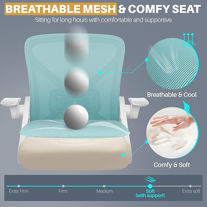 FelixKing Office Chair - Ergonomic Desk Chair Breathable Mesh Task with Wheels and Lumbar Support Home Desk Office Chairs with Flip up Armrest Rolling Swivel for Home Computer Blue