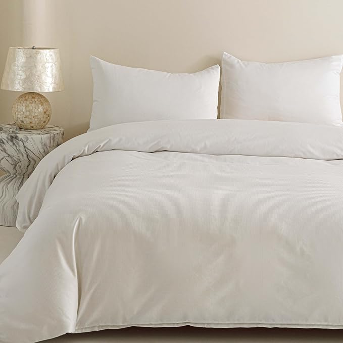 HeimenAogo 100% Cotton Vertical Stripe Jacquard Duvet Cover Twin/Twin XL, Luxury Hotel Collection Textured Weave, Silky Soft Comforter Cover 68x90 Inch, Zipper Closure, White Striped