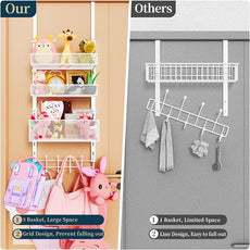 Consumest Over The Door Hooks Organizer - 4 Tier Door Coat Rack with 3 Baskets and 12 Hooks, Stainless Steel Towel Hanger for Bedroom, Bathroom, Living Room, White