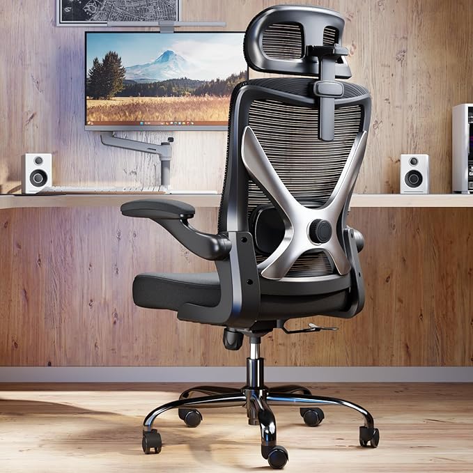 Ergonomic Office Chair - X-Shaped Computer Desk Chair Comfy, Gaming Chair, Office Chair with Lumbar Support, Mesh Office Chairs with Headrests, Desk Chair for Long Hours (Black Silver)