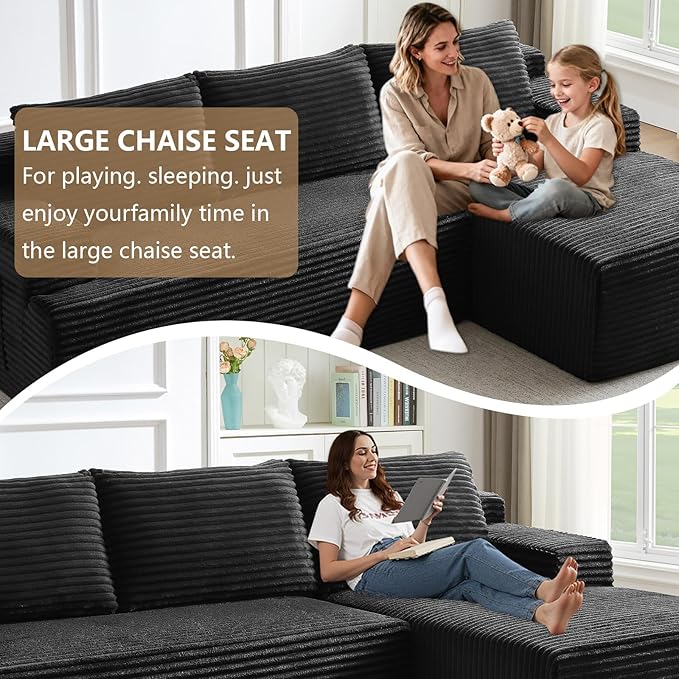 96" Modular Sectional Sofa Couches L-Shape Couch 3 Seat Modular Sofa Corduroy Memory Foam Sectional Boneless Couches for Living Room, Cloud Couch with Oversized Chaise(Dark Black, Right Facing)