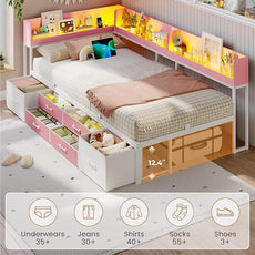 VIAGDO Corner Bed Frame with Storage Bookcase and 6 Drawers, Twin XL Metal Platform Corner Bed Frame with LED Lights and Charging Station, Twin XL Daybed for Kids Teenagers, Pink