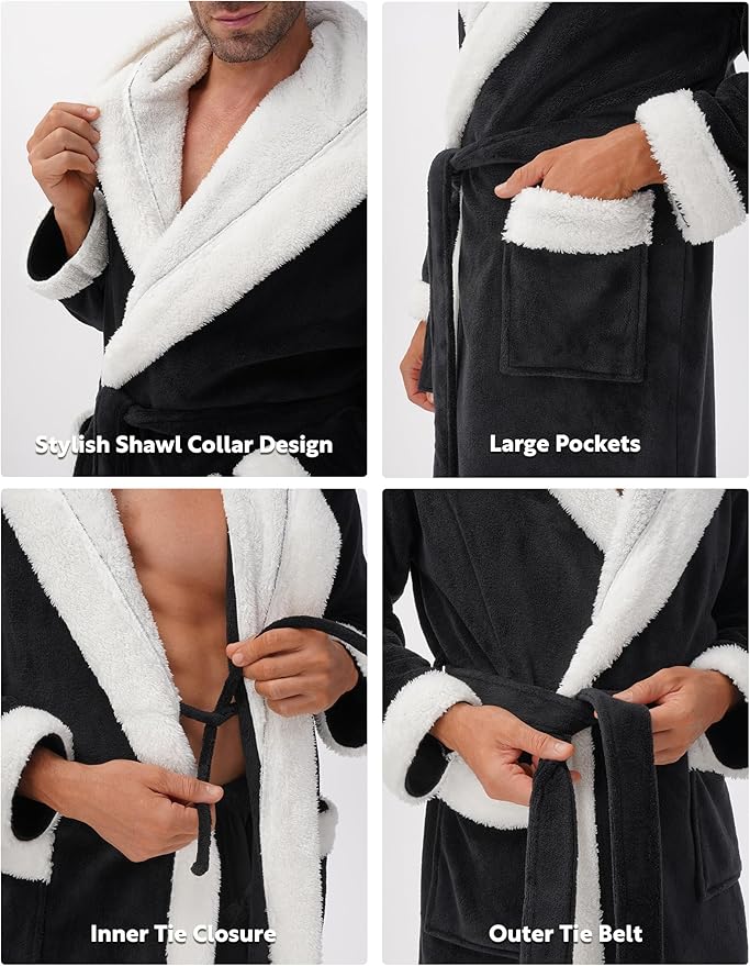 DAVID ARCHY Men's Hooded Robe Soft Coral Fleece Microfiber Bathrobe