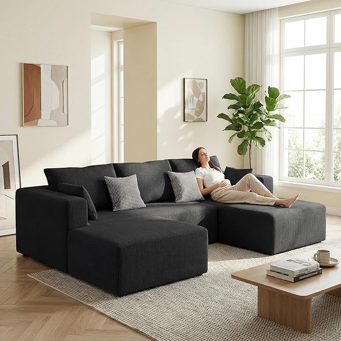 Furnimart 112" U Shaped Modular Sectional Sofa with 2 Ottomans, Boneless Cloud Couch with Chaise for Living Room, Modern Deep Seat Lounge Sleeper Couch Bed, No Assembly, Corduroy Black