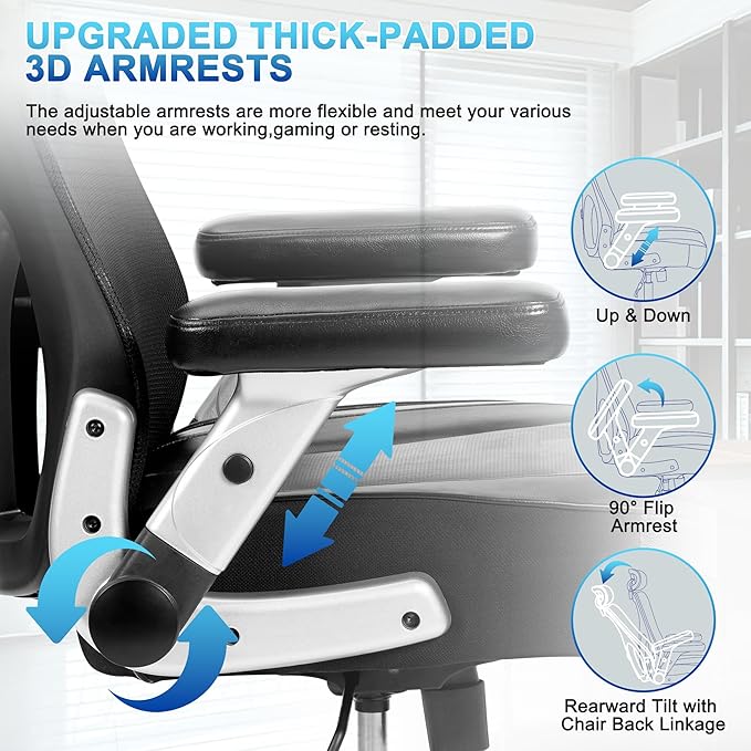 Super Big and Tall Office Chair 600lbs- Heavy Duty Executive Computer Chair with Rubber Wheels 3D Flip Arms, Ergonomic Mesh High Back Desk Chair, Extra Wide Seat Adjustable Lumbar Support&Headrest