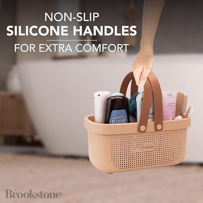 Brookstone BKH1634, Large Portable Shower Caddy with Soft Silicone Carrying Handle, Bathroom Organizer Basket, Plastic Bath Tote, Dries Quickly with Drainage Holes [BPA Free], Blush Color