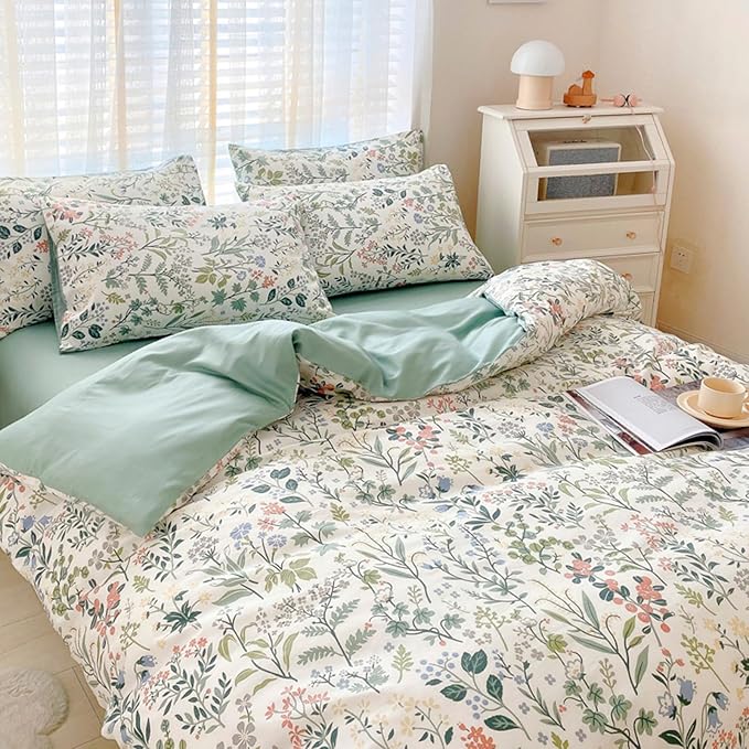 HighBuy Girl Peach Green Flower Duvet Cover Full Soft Cotton Botanical Floral Bedding Set Full Green Garden Cottagecore Comforter Cover with 2 Pillowcases Teen Bedding Sets Ultra Soft