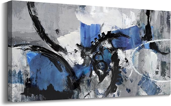 Large Abstract Wall Art - Canvas Wall Art in Blue and Black Tones, Framed Gray Artwork for Living Room, Bedroom, and Office Decorations for Work - Modern Wall Decor and Pictures