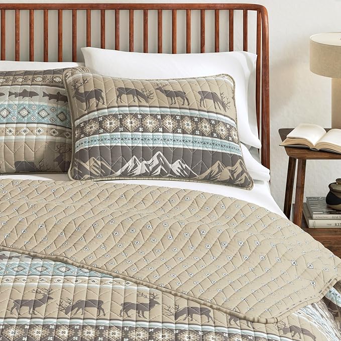 Great Bay Home 3-Piece Reversible Rustic Lodge Bedspread Quilt with 2 Shams. All-Season Quilt Set. (Full/Queen, Yosemite)