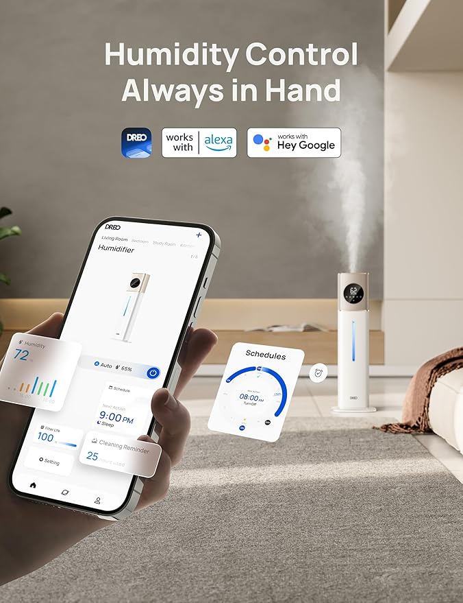 Dreo 11L Smart Humidifier Large Room 700 ft², 100H Cool Mist Air Humidifiers for Bedroom, Top-Fill Self-Cleaning Tank, 26dB, Auto Mode, Aroma Box, RGB Light, Remote & APP Control, Baby, Starlight
