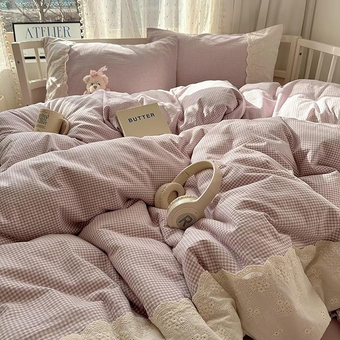 mixinni Purple White Gingham Duvet Cover Full Size - 3 Piece Cottagecore Plaid Bedding Set with Lace Trim, Soft Washed Microfiber Vintage Aesthetic Grid Comforter Cover & Pillow Shams