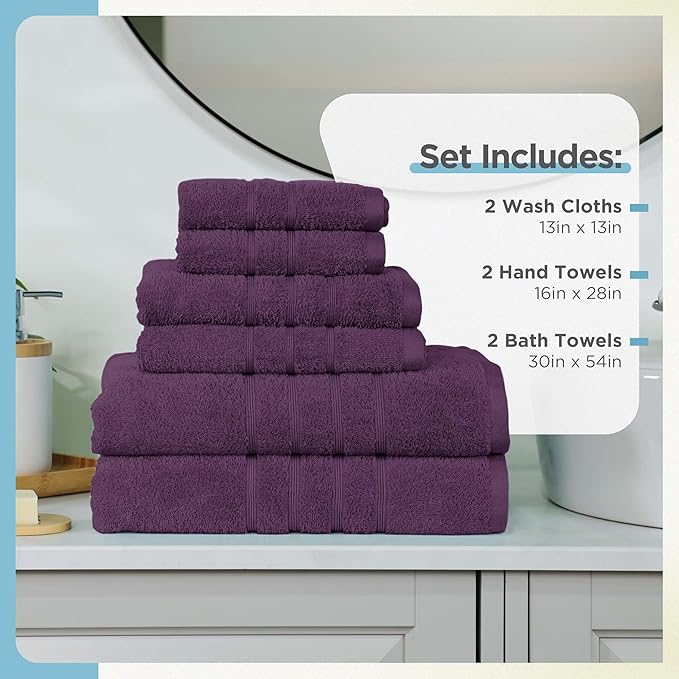 Martex 6-Piece Towel Set – Ultimate Performance – 100% Cotton – 2 Bath Towels – 2 Hand Towels – 2 Wash Cloths – Versatile – Low-Linting – Supersoft & Absorbent Bathroom Set – Easy Care – Dark Purple