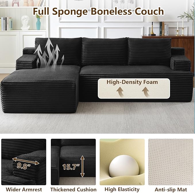 96" Modular Sectional Sofa Couches L-Shape Couch 3 Seat Modular Sofa Corduroy Memory Foam Sectional Boneless Couches for Living Room, Cloud Couch with Oversized Chaise(Dark Black, Left Facing)
