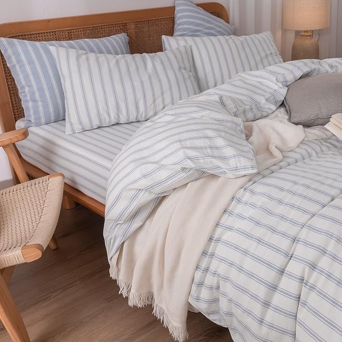 BESTOUCH Duvet Cover Set 100% Washed Cotton Linen Feel Super Soft Comfortable Chic Lightweight 3 PCs Home Bedding Set White & Cornflower Blue Stripes King