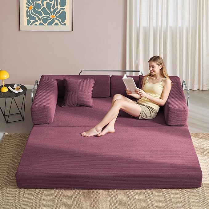YINIX Foldable Sofa Bed, 78'' Folding Floor Couch, Compressed Convertable Sleeper Sofa, Memory Foam Couch with Pillow Back Support Armrest, 4-in-1 Futon Sofa Bed for Living Room, Wine Red