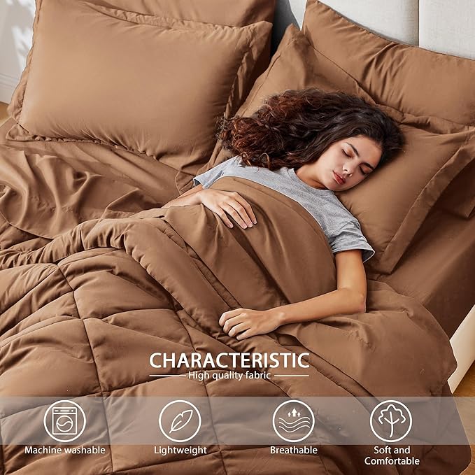 Love's cabin Twin XL Comforter Set Mocha Mousse, 5 Pieces Twin XL Bed in a Bag, All Season Bedding Sets with 1 Comforter, 1 Flat Sheet, 1 Fitted Sheet, 1 Pillowcase and 1 Pillow Sham