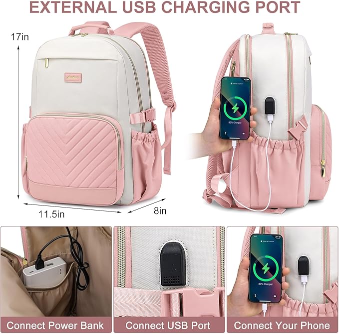 Laptop Backpack for Women Bookbag: 15.6 inch Work School Backpacks with Pouch Pocket for Large Capacity Cup & USB Charger College Book Bag Travel Business Nurse Teacher Bookbags Anti-theft Back Pack