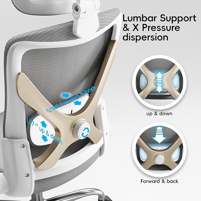 Office Home Ergonomic Desk Chair-Computer X-Shaped Chair Mesh PU Leather with Adjustable Lumbar Support-Executive Chair High Back with Headrest Flip-Up Arms for Long Hours (Grey)