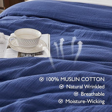 EMME Muslin Cotton Duvet Cover Set Navy King Size Linen Like Soft Breathable Lightweight Summer Comforter Cover Set with Zipper Closure (Navy, King, 104