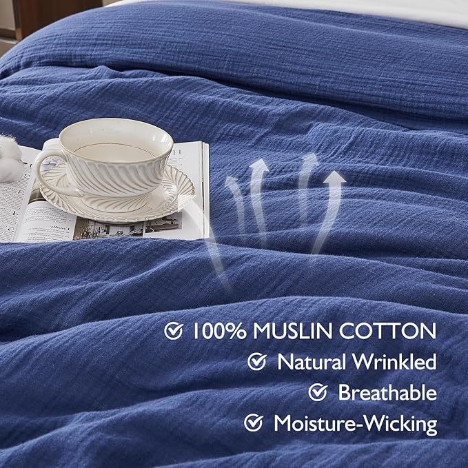 EMME Muslin Cotton Duvet Cover Set Navy Queen Size Linen Like Soft Breathable Lightweight Summer Comforter Cover Set with Zipper Closure (Navy, Queen, 90"x90")