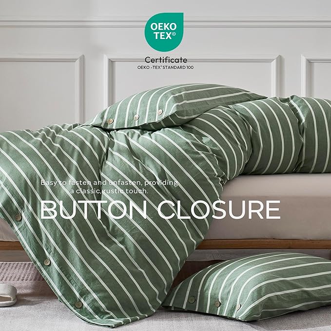 JELLYMONI Cotton Duvet Cover Oversized Queen Size - Green Striped Comforter Cover with Button 100% Washed Cotton 3PCS Breathable Soft Solid Bedding Set Duvet Cover 98×98in & 2 Pillowcases