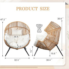 Vongrasig Comfy Wicker Egg Chair, Soft Thick Cushion Rattan Lounge Chair, High Capacity Steel Frame, Reading Chair for Living Room, Bedroom, Dorm Rooms (Beige)