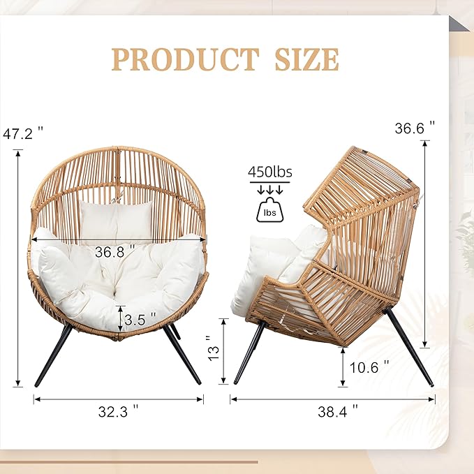 Vongrasig Comfy Wicker Egg Chair, Soft Thick Cushion Rattan Lounge Chair, High Capacity Steel Frame, Reading Chair for Living Room, Bedroom, Dorm Rooms (Beige)