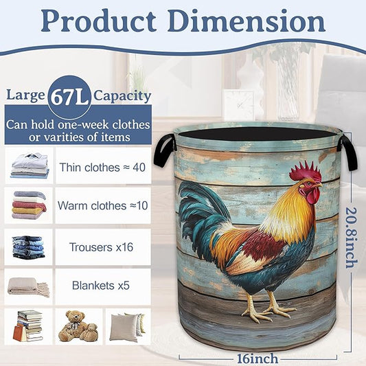 Rooster Laundry Basket,Foldable Oxford Cloth Vintage Wooden Board Laundry Hamper with Handles, 20.8"x16" Tote Bag Clothes Storage Bucket for Laundry Room/Bathroom/Bedroom/Dormitories