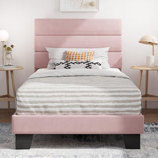 SHA CERLIN Twin Platform Bed Frame with Velvet Upholstered Headboard, Mattress Foundation with Strong Wooden Slats Support, No Box Spring Needed, Pink