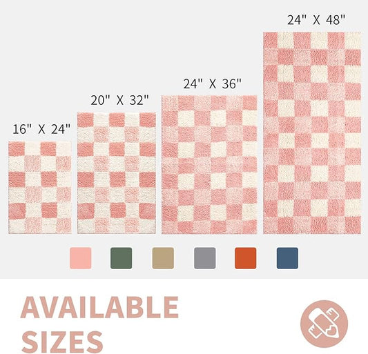 CozeCube Checkered Bath mats Non Slip, Plush Shaggy Bath Rugs for Bathroom Washable, Buffalo Plaid Bath mat, Pink Christmas Bathroom Rugs, Blossom Pink, 47" x 24"