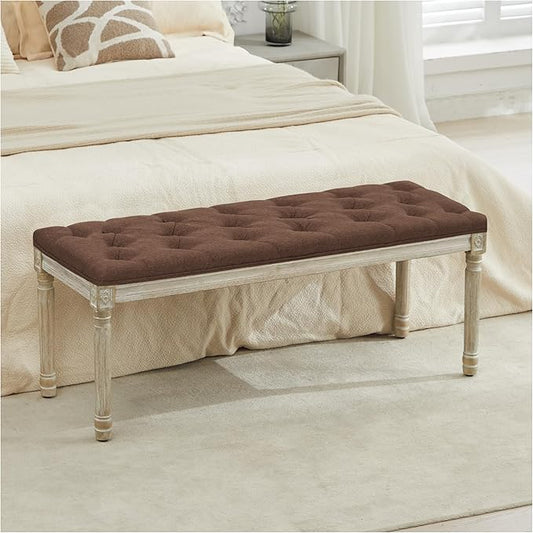 LOULENS 43.9" Linen Fabric End of Bed Bench, Vintage French Upholstered Button Tufted Entry Bench, Window Seat with Carved Wood Legs for Bedroom, Living Room, Entryway, Foyer, Hallway, Brown