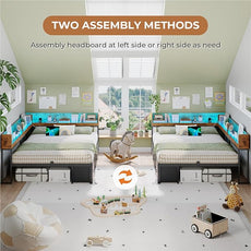 VIAGDO Corner Bed Frame Full with Storage Bookcase and 6 Drawers, Metal Platform Corner Bed Frame with LED Lights and Charging Station, Full Daybed for Kids Teenagers, Rustic Brown & Black