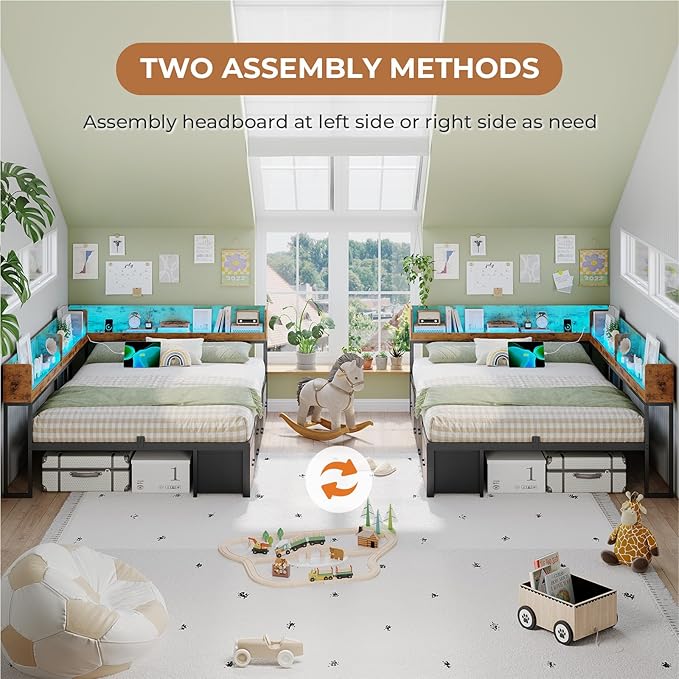 VIAGDO Corner Bed Frame Full with Storage Bookcase and 6 Drawers, Metal Platform Corner Bed Frame with LED Lights and Charging Station, Full Daybed for Kids Teenagers, Rustic Brown & Black