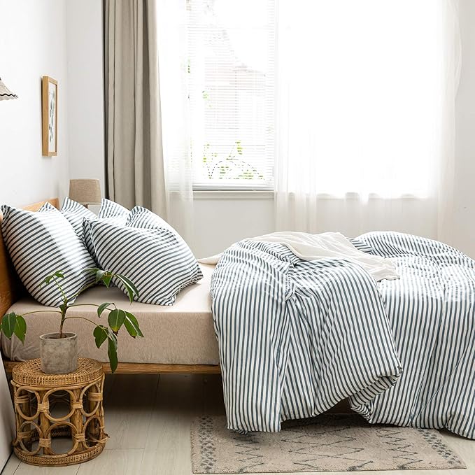 JELLYMONI 100% Natural Cotton 3pcs Striped Duvet Cover Sets,White Duvet Cover with Grayish Blue Stripes Pattern Printed Comforter Cover,with Zipper Closure & Corner Ties(King Size)