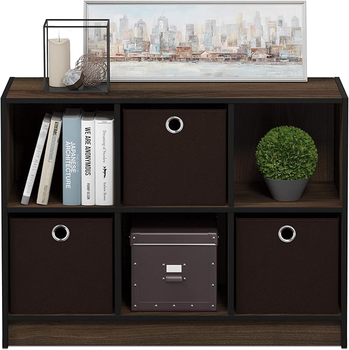 Furinno BASIC Book Shelf, 6-Cube Bookshelf, 3 x 2 Bookcase with Storage Bins, 11.9 x 31.6 x 23.6, for Living Room, Bedroom, Home Office, Columbia Walnut