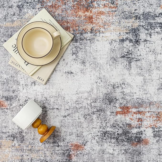 10x14 Washable Area Rug Grey Rust Abstract Living Room Bedroom Carpet Neutral Modern Non-Slip Soft Low Pile Lightweight Vacuumable Large Throw Rug for Dining Room