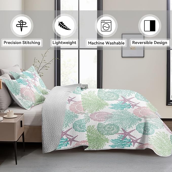 Tritard 3 Piece Coastal Quilt Sets Full/Queen Size - Reversible Microfiber Quilts with 2 Shams Soft Lightweight Beach Bedding Nautical Bedspread Coverlet Summer Comforter for All Season, 90''x96'', C5