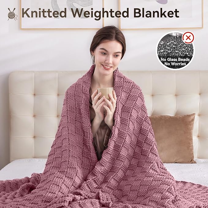 Knitted Weighted Blanket for Adults, 20lbs, Breathable Chunky Knit, Cooling for Hot Sleepers, Christmas Home Decor (Pink) 70' x 90''
