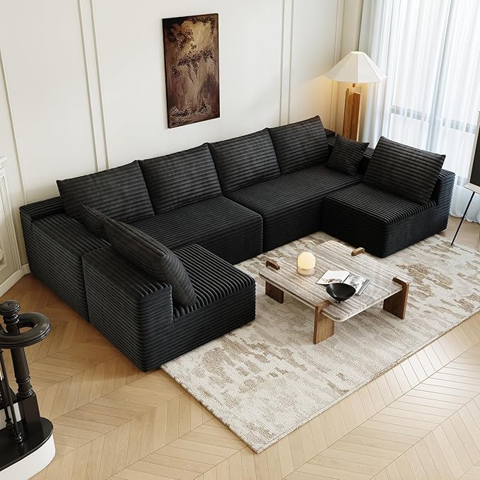 139.4" Modular Sectional Sofa, U-Shaped Minimalist Couches with 2 Middle Seats, Modern Deep Seat Convertible Sleeper Sofa Bed,Cloud Plush Corduroy Fabric, No Assembly Required, 6 Seater, Black