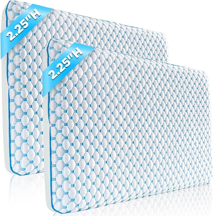Flat Pillows for Sleeping Thin Memory Foam Pillows for Stomach and Back Sleepers, Cooling Gel Stomach Sleeping Pillow for Hot Sleepers, Low Memory Foam Pillow for Back Sleeper 2 Pack 2.25-Inches
