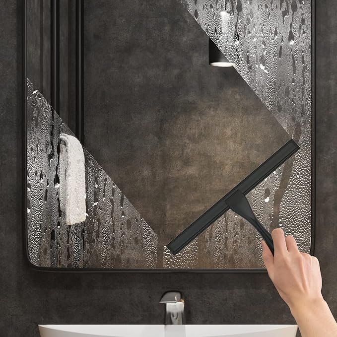 All-Purpose Stainless Steel Shower Squeegee for Shower Doors with 2 Adhesive Hooks, Bathroom Cleaner Tool Household Window Mirror Squeegee for Home Cleaning, Glass Door, Tile Wall, Car, 12 Inch Black