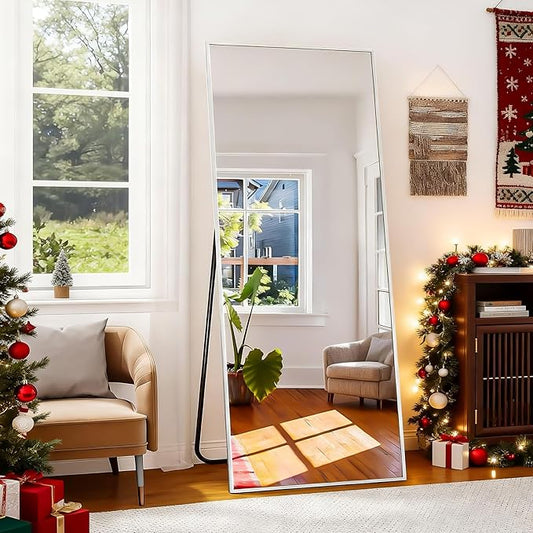 BEAUTYPEAK Full Length Mirror with Stand, 56"x21" Floor Mirror with Aluminum Alloy Thin Frame, ShatterVue Tempered Full Body Mirrors, Free Standing or Wall-Mounted Mirrors for Living Room, Silver