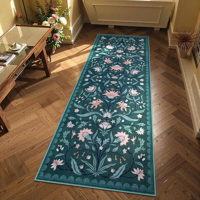 Lahome Boho Floral 2x6 Rug Runners for Hallways Non Slip, Dark Teal Kitchen Runner Rugs Non Skid Washable Bathroom Carpet Runner, Soft Non-Slip Runners for Entryway Laundry(Dark Teal,2x6)