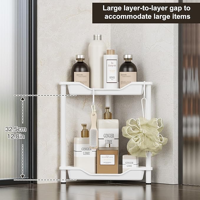 Orimade Rustproof 2 Tier Floor Standing Corner Shower Caddy Organizer, Plastic Metal Splicing Floor Corner Shelf Rack Stands for Bathroom, White